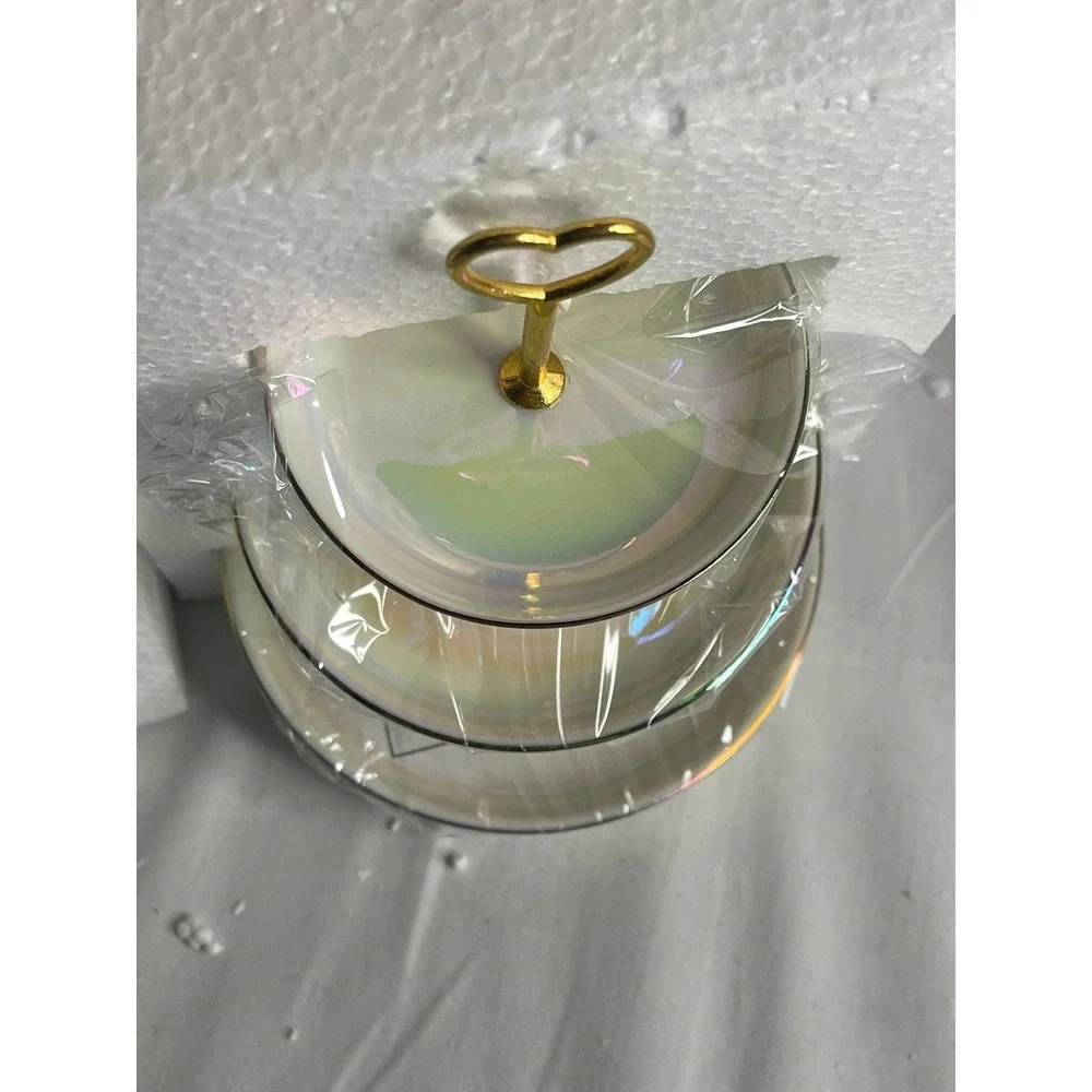 Ceramic 3 Tiered Jewelry Dish Tray Iridescent‎ Pearl Heart Handle PMH21111 White
